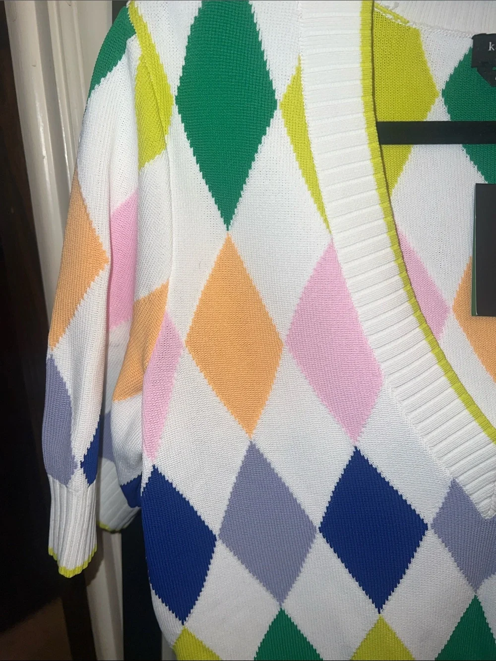 kate spade White Multicolor Argyle V-Neck Sweater